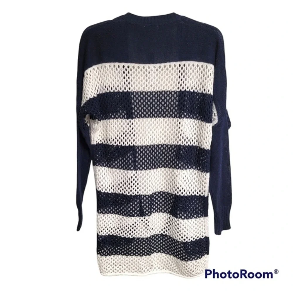 Lamade Navy Blue And White Striped Nautical Open Front‎ Knit Beachy Cardigan XS